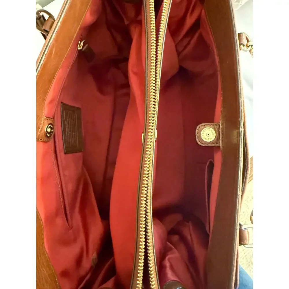 Coach 25161 Brown Pebbled Leather Shoulder Madison Kimberly Satchel Red Lining